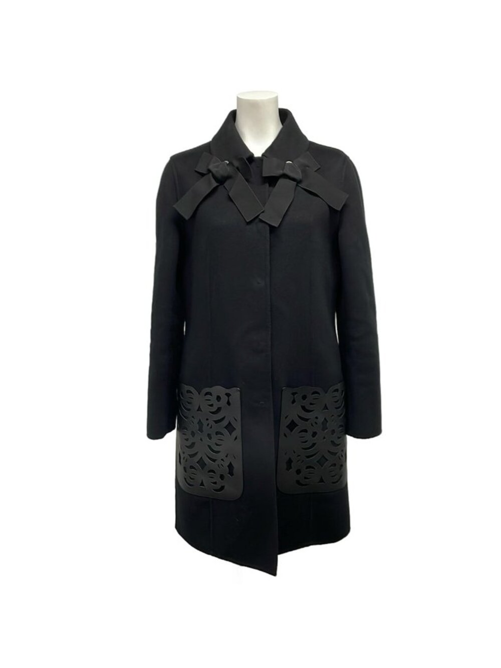 Fendi Coat 38 S Black Long Sleeve Cutaway Credit Pocket Ribbon Autumn Winter